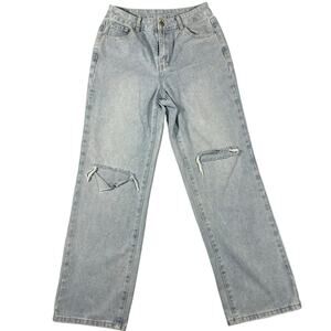 NVFelix Light Wash Wide Leg Distressed Jeans Women's Blue High Rise Raw Hem